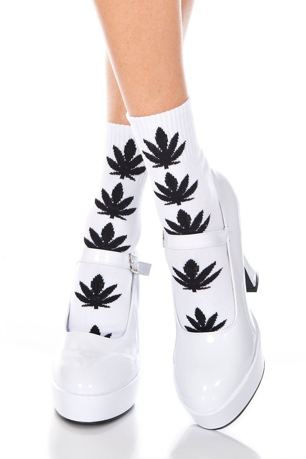 Music Legs Women's Leaf Print Socks 537-WHITE/BLACK