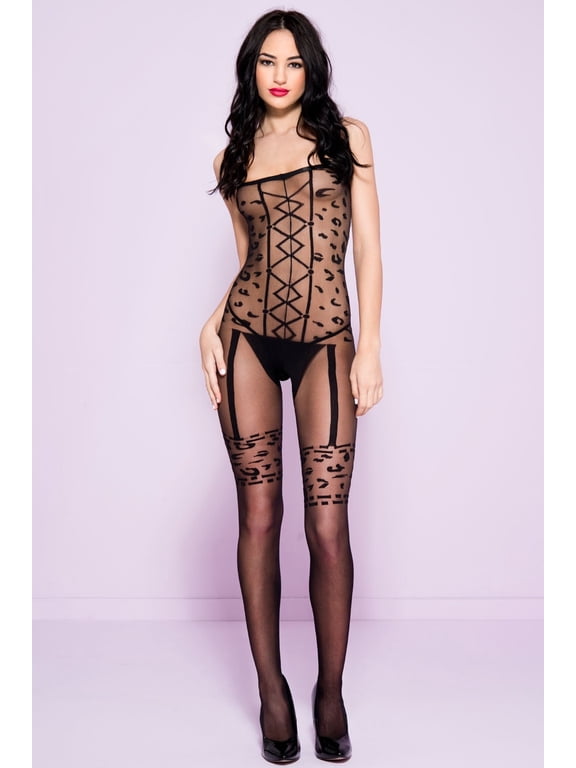 Women's Leopard and garter print crotchless bodystocking 1633-BLACK
