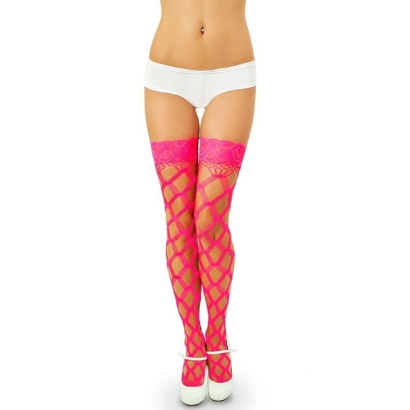 Music Legs Women's Multi Fence Net Thigh High With Lace Top, Lace Band Thigh High 4543-HOTPINK