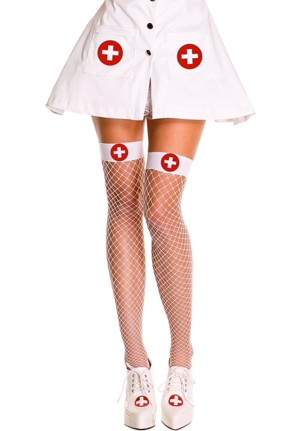 Women's Nurse Spandex Mini Diamond Net Thigh Hi, White/Red, One Size 4815-WHITE/RED