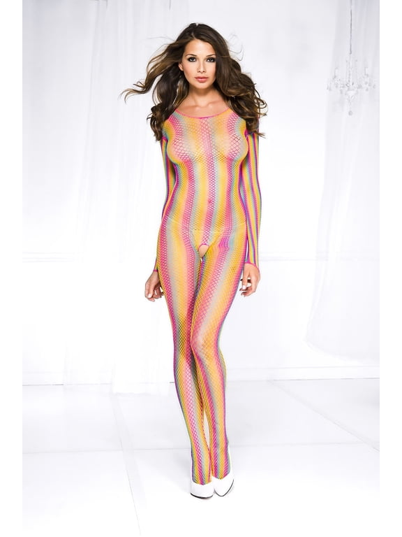 Women's One Size Fishnet Striped Crotchless Bodystocking, Rainbow