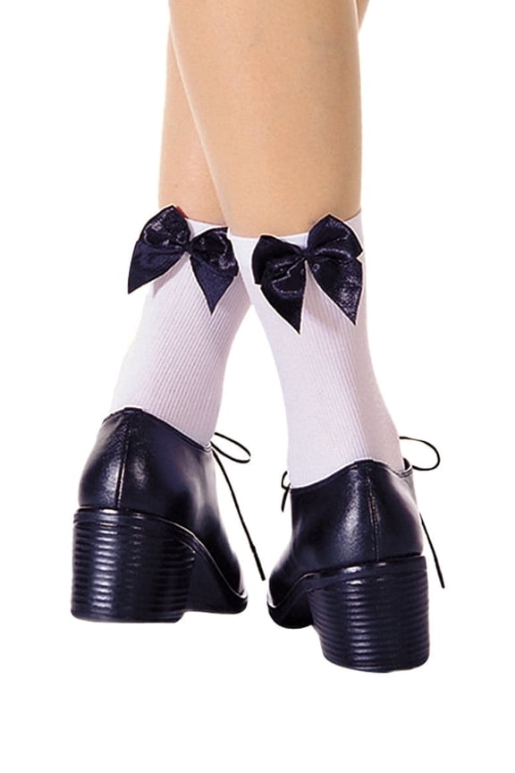 Women's Opaque Anklet With Bow, School Girl Socks 542-WHI/BLK