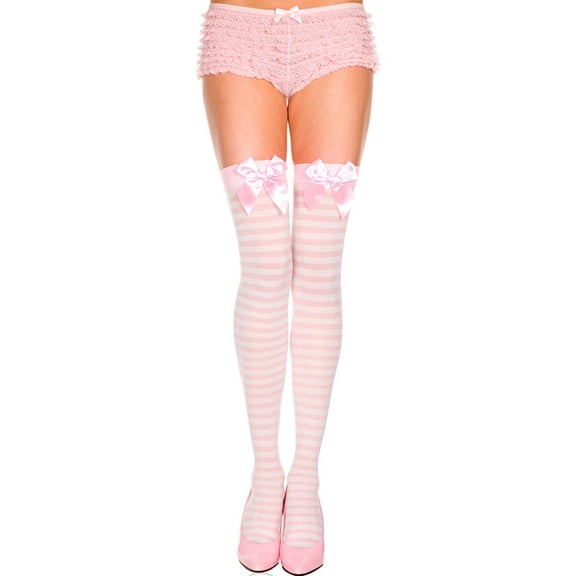 Music Legs Women's Opaque Striped Thigh High with Bow Baby Pink One Size Fits Most