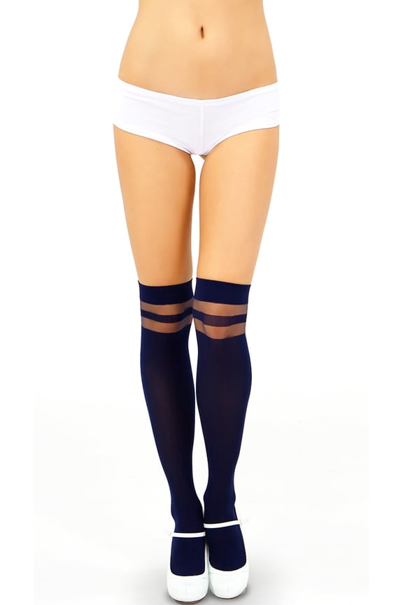 Women's Opaque Thigh High with Sheer Bands Navy Blue One Size Fits Most 4138-NAVY