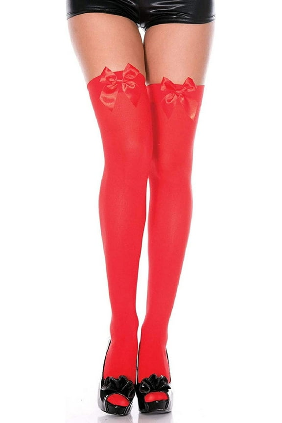Women's Opaque Thigh Highs with Satin Bow 4742-RED