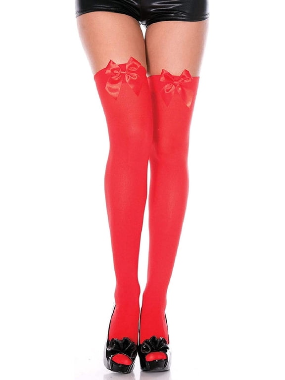 Women's Opaque Thigh Highs with Satin Bow 4742-RED