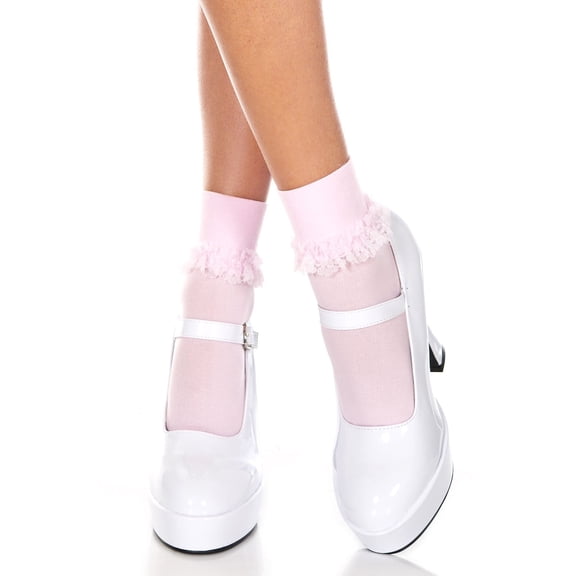 Music Legs Women's Opaque ankle hi with ruffle trim 513-BABY PINK