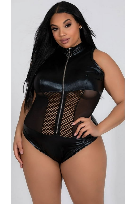 Women's Plus Size Naughty Wet Look Teddy, Plus Size Black Wet Look Teddy