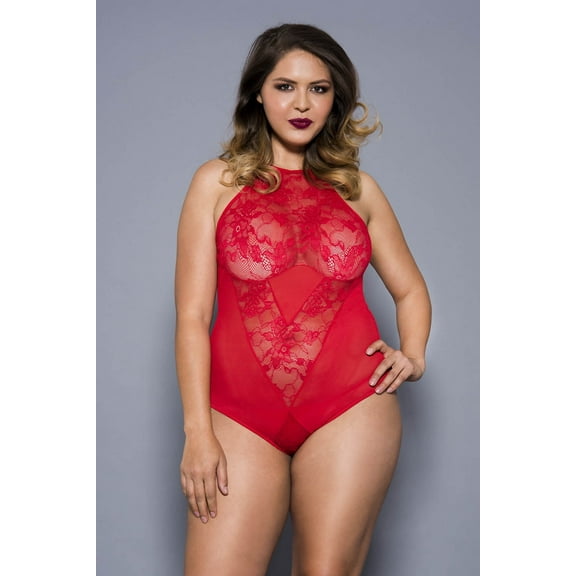 Music Legs Women's Plus size halter neck lace teddy with sheer panels 80057Q-RED