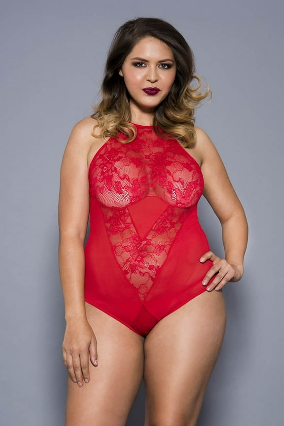 Women's Plus size halter neck lace teddy with sheer panels 80057Q-RED