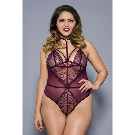 Music Legs Women's Plus size high strap neck lace and sheer teddy with adjustable spaghetti straps 80043Q-BURGUNDY