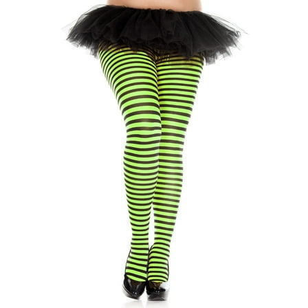 Music Legs Women's Plus size striped tights 7471Q-BLK-NGREEN