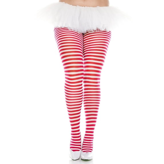 Music Legs Women's Plus size striped tights 7471Q-RED-WHITE