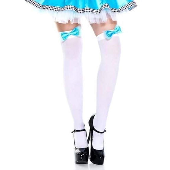 Music Legs Women's Satin bow with mesh thigh hi with satin bow 4667-WHITE/TURQUOISE