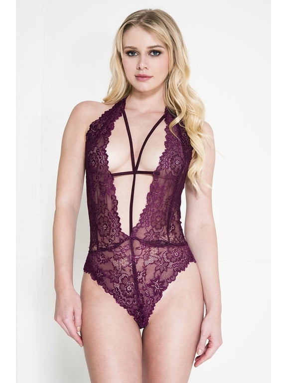 Women's Scalloped trim lace teddy with a thong back 80048-BURGUNDY