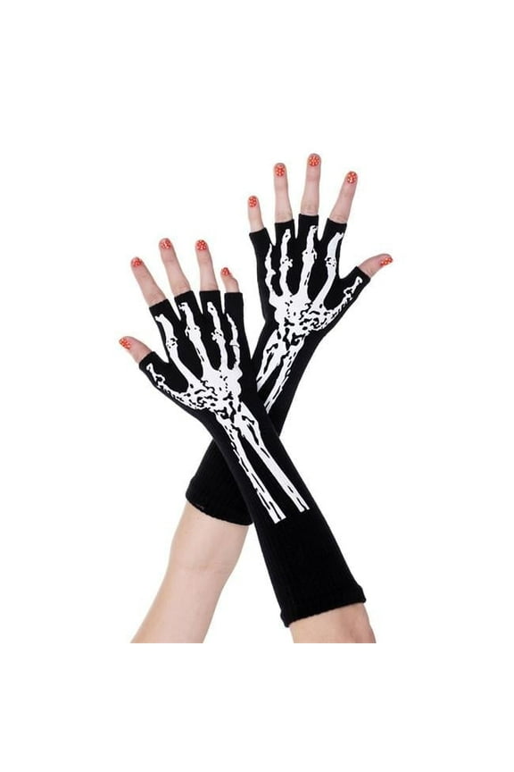 Women's Short print skeleton gloves 453-BLACK-WHITE