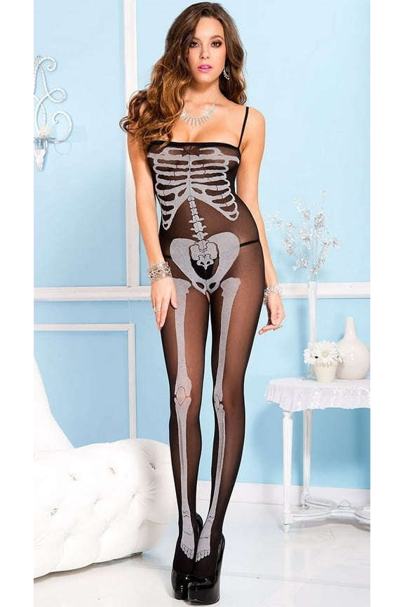 Women's Skeleton print crotchless bodystocking (G-string not included) 1234-BLACK