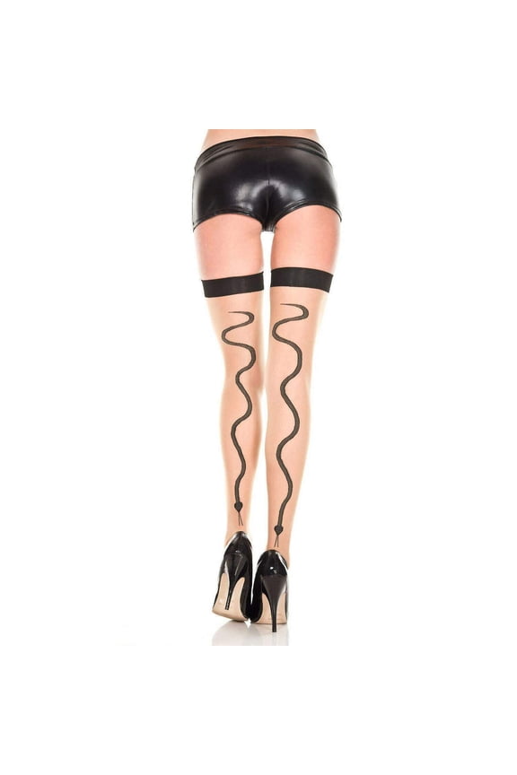 Women's Snake Print Backseam Beige Thigh High Stockings