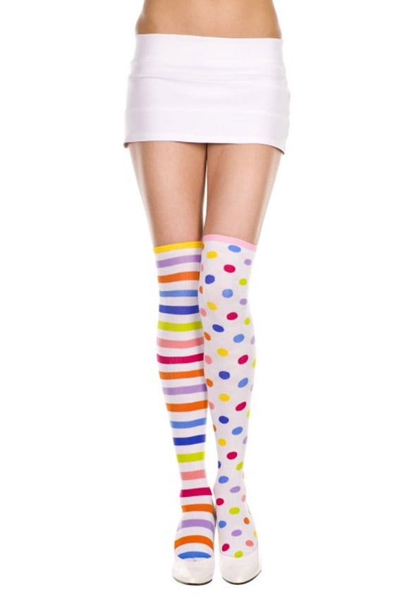 Women's Striped & Polka Dot Clown Acrylic Thigh Hi Tights, Rainbow Multi, One Size