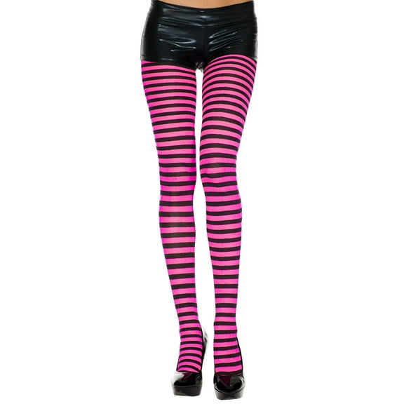 Music Legs Women's Striped Tights, Style 7471 7471-BLK/HOTPINK