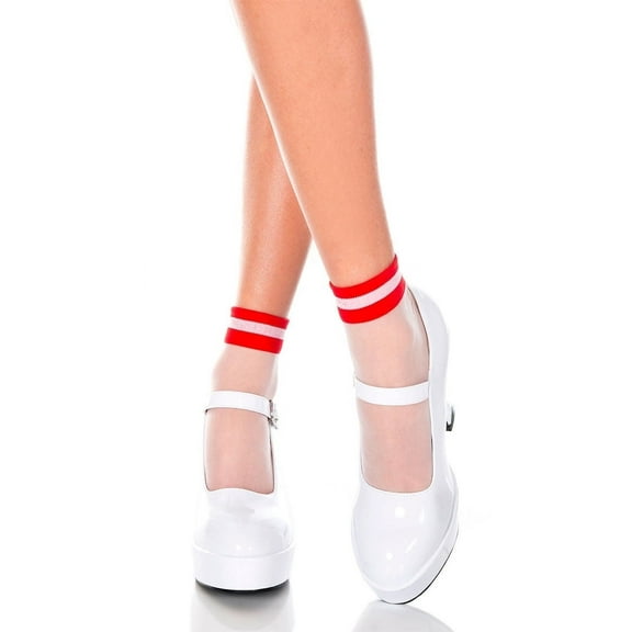 Music Legs Women's Striped sheer ankle hi 529-WHITE/RED