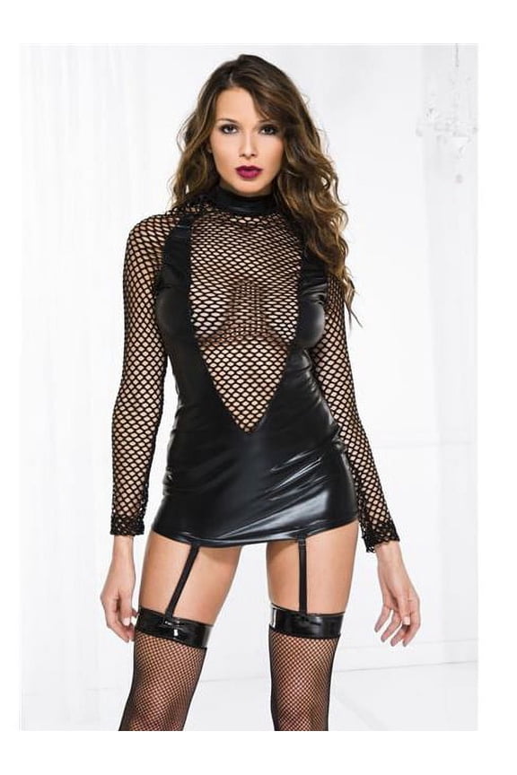 Women's Wet Look & Fishnet Long Sleeve Garter Mini Dress; Large 20025-L
