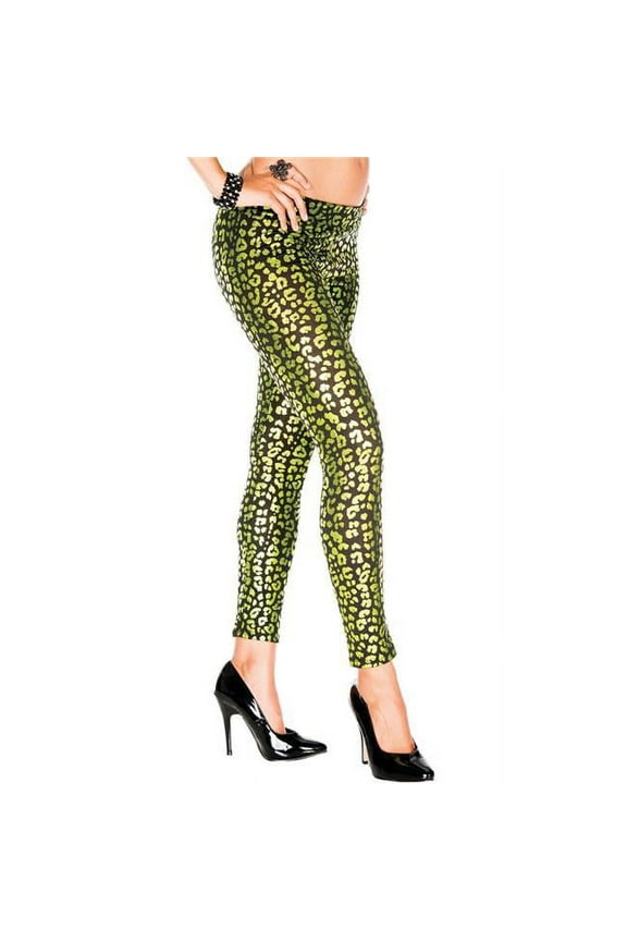 Women's Women's 35135-GREEN-BLACK Green Metallic Leopard Print Leggings; Green & Black 35135-GREEN/BLACK