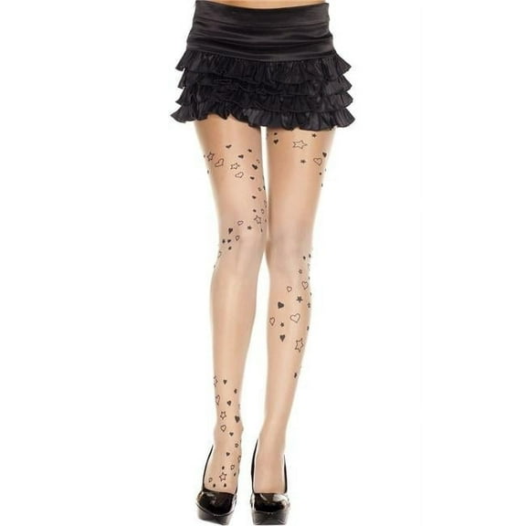Music Legs Women's Women's 7202-BEIGE-BLACK Heart & Star Print Pantyhose - Beige & Black 7202-BEIGE/BLACK