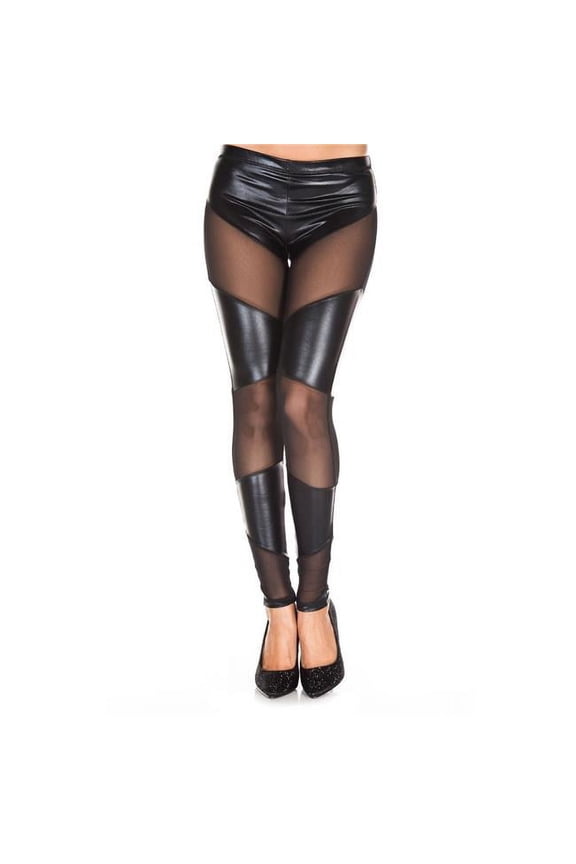 Women's Women's Angular Mesh Insets Wet Look Leggings; Black 35133-BLACK
