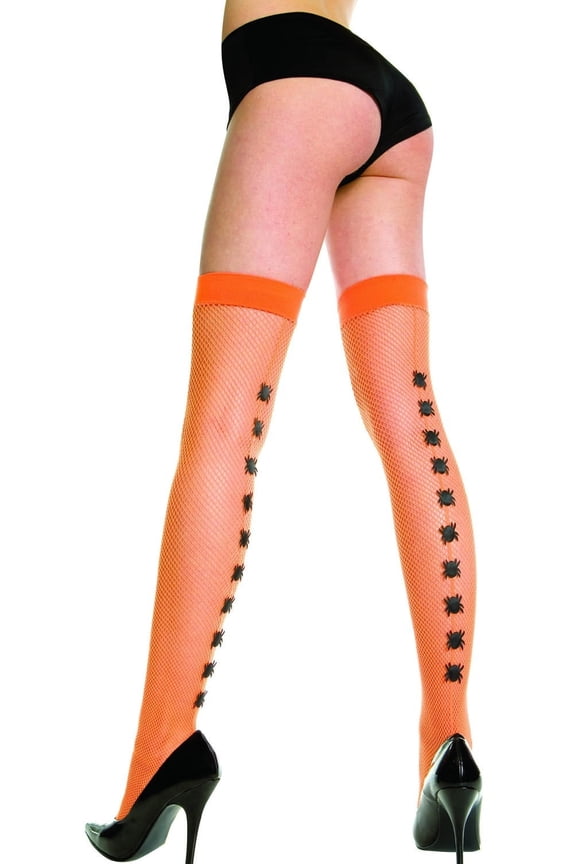 Women's Women's Fishnet Thigh Hi With Spider Nylon Costume Stocking 4911-ORANGE/BLACK