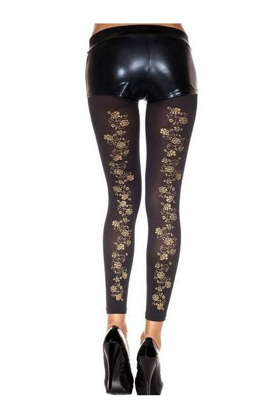 Women's Women's Golden floral print spandex opaque leggings 35821-BLACK-GOLD 35821-BLACK/GOLD