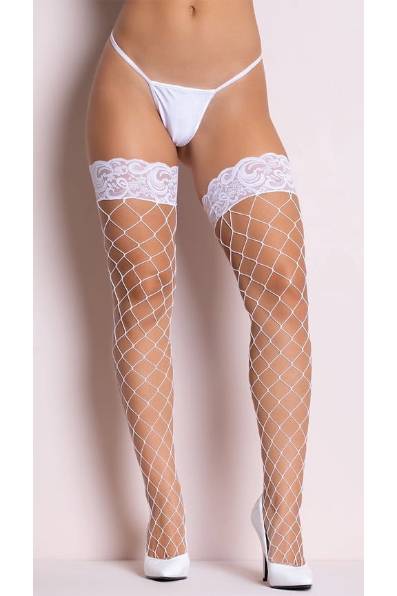 Women's Women's Lace top diamond net spandex thigh hi 4925-White 4925-WHITE