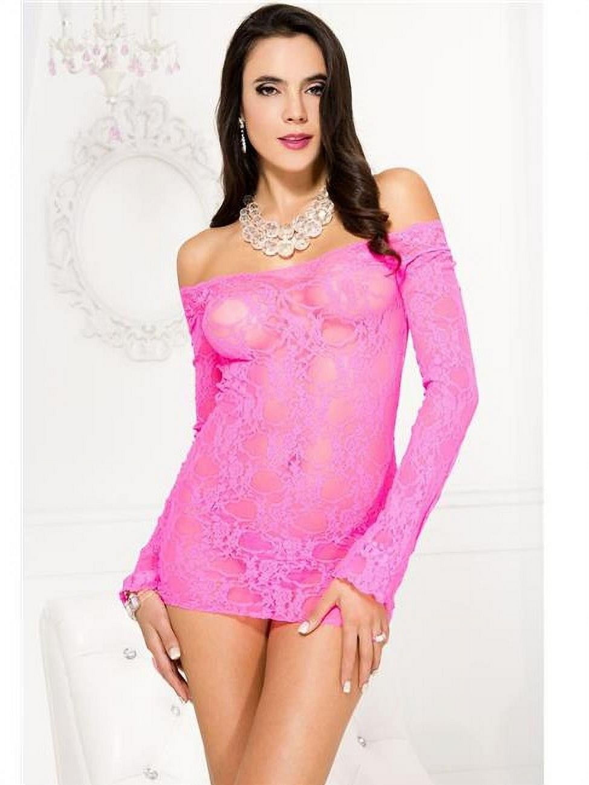 Music Legs Women's Women's Off the shoulder long sleeve lace dress 6415-NEONPINK