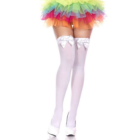 Music Legs Women's Women's Opaque Thigh High with Satin Bow 4742-WHITE