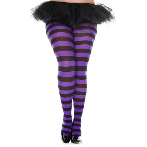 Music Legs Women's Women's Plus size wide striped tights 7419Q-BLACK-PURPLE