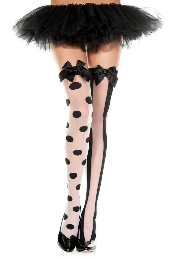 Women's Women's Polka dot and striped mismatch thigh hi with satin bow 4130-BLACK/WHITE