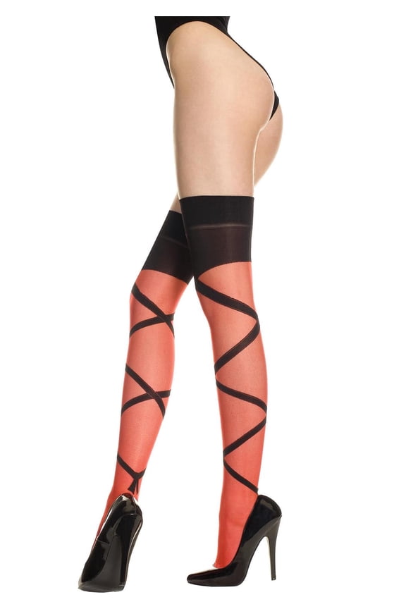Women's Women's Sexy Spandex Sheer Criss Cross Thigh Hi Nylon Costume Hosiery 4146-RED