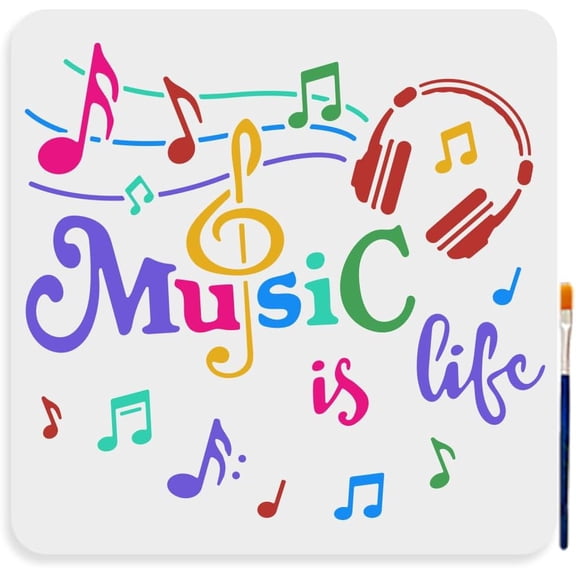 Music Is Life Stencils 11.8×11.8inch Large Music Notes Treble Clef Stencil with Paint Brush Reusable Music Score Headphones Template for Wood Canvas Fabric Wall Furniture Decor