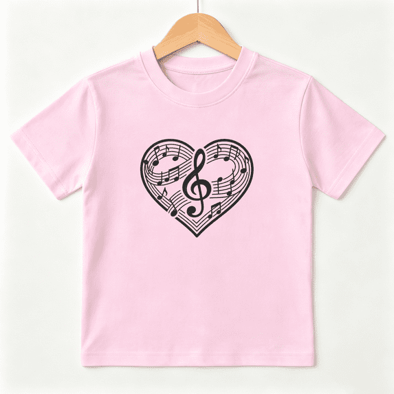 Music Love Heart Girls Graphic Tee, Classic Clef Note Melody Band 100% Cotton Kids Short Sleeve T-Shirt