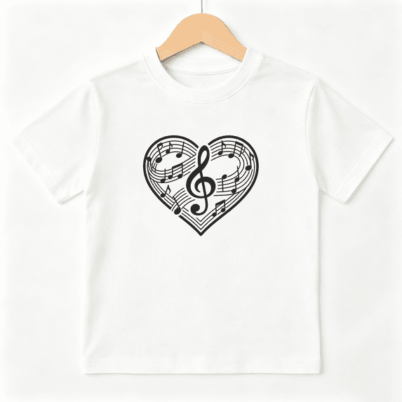 Music Love Heart Girls Graphic Tee, Classic Clef Note Melody Band 100% Cotton Kids Short Sleeve T-Shirt