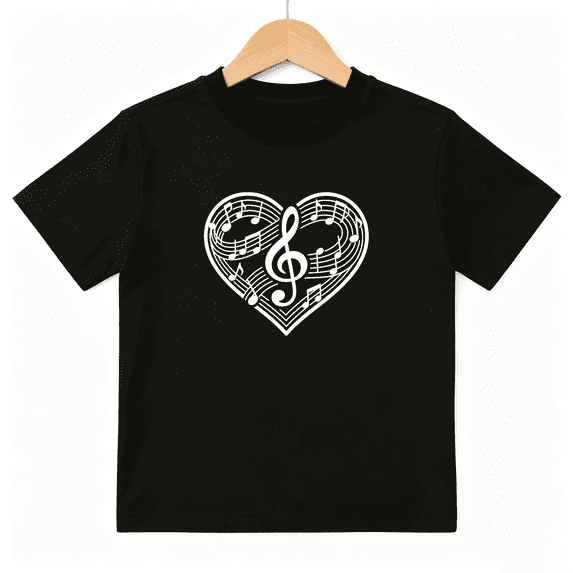 Music Love Heart Girls Graphic Tee, Classic Clef Note Melody Band 100% Cotton Kids Short Sleeve T-Shirt