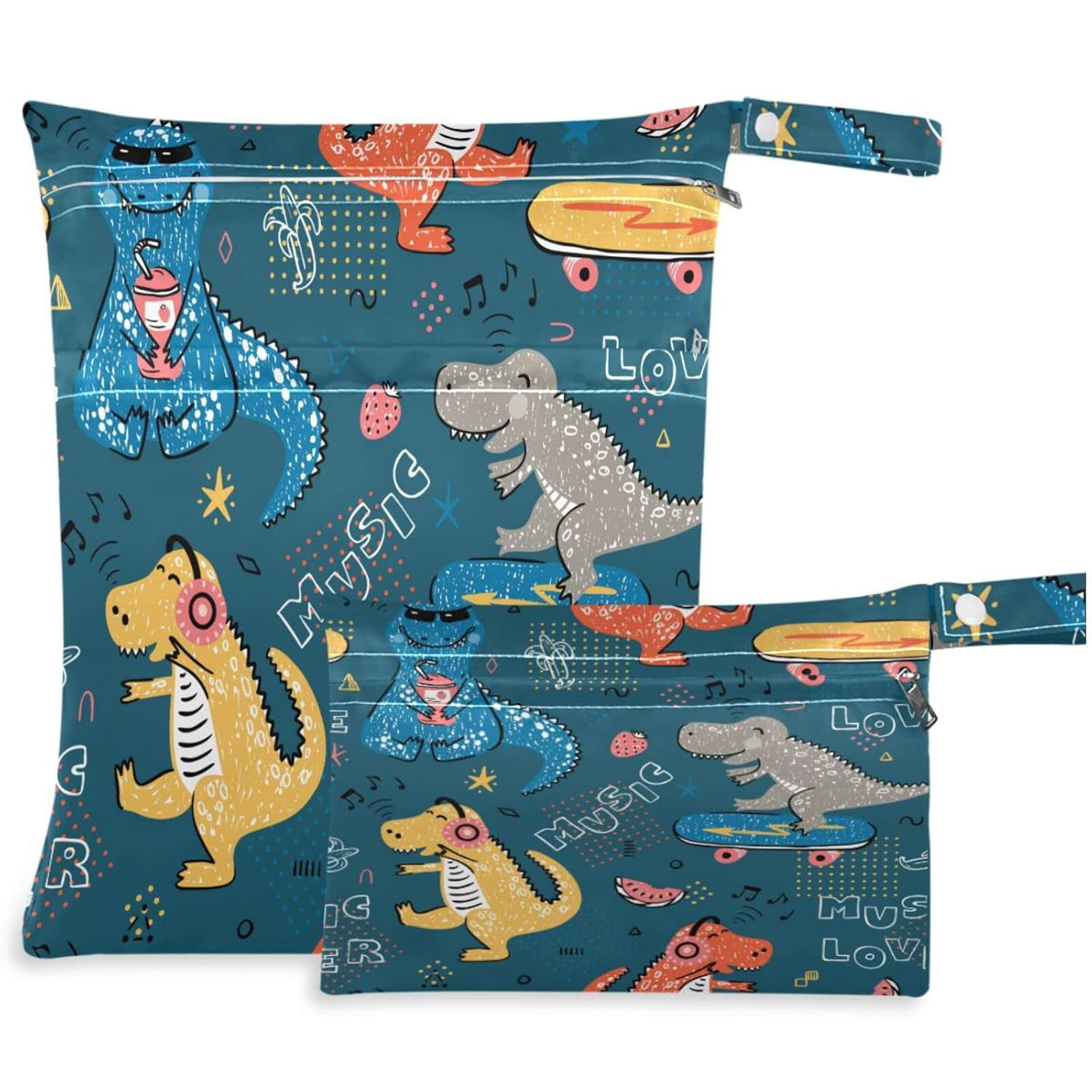 Music Lover Dinosaur 2Pcs Diaper Changing Totes Wet Bags with Zippered Pockets Washable Reusable Roomy Cloth Diaper for Travel,Beach,Daycare,Stroller,Dirty Gym Clothes,Wet Swimsuits,Toiletri