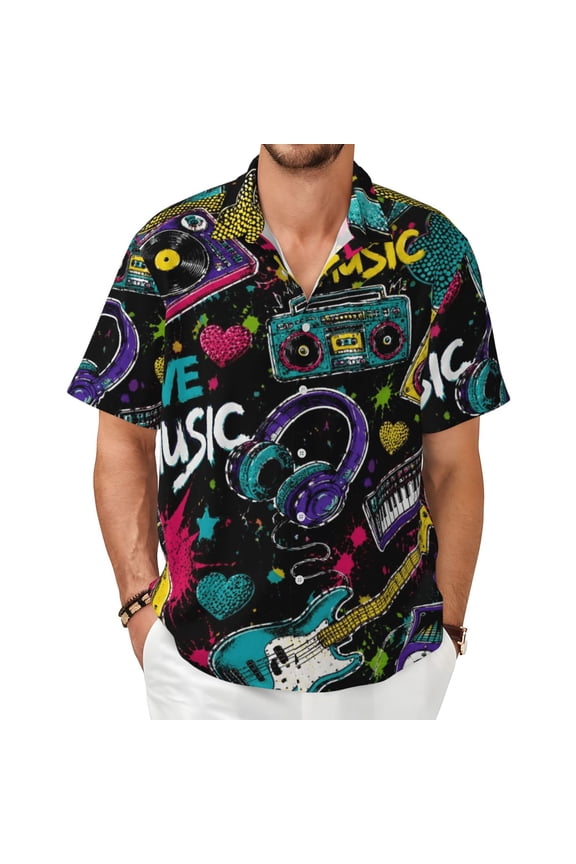 Music Lover Pop Art Men's Shirts Short-Sleeved with All-Over Prints Button-Up Shirts