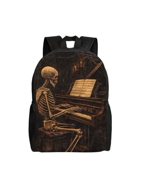 Music Lovers Skeleton Backpack Full Front Print Travel Laptop Bag for Men and Women