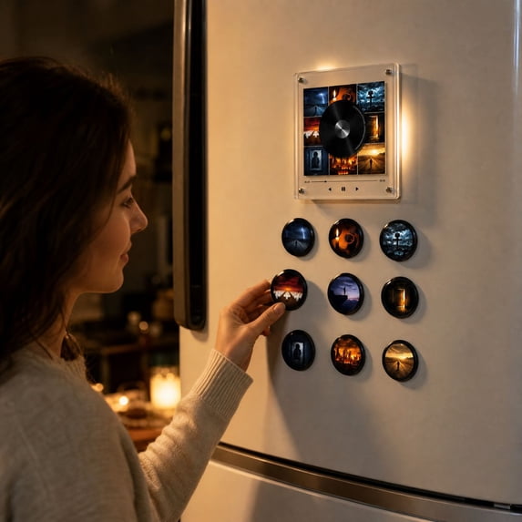 Music Magnets for Fefrigerator with 9 Vinyl Style Discs, Mini Vinyl Record Player-Inspired Magnetic Music Box with 9 NFC Discs and Phone-Free Playback, LED Acrylic Frame Personalized Audio,1 Set-E