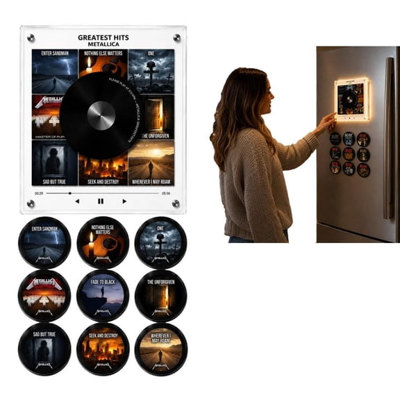 Music Magnets for Refrigerator with 9 Vinyl Style Discs, Music Refrigerator Magnets, Smart Mini Vinyl Records, Light-up Audio Frame for Kitchen Cabinet & New Year Gift