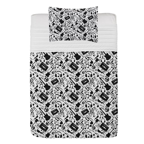 Music Microfiber Bedspread Set, Blues Jazz Punk Rock Various Type of Folk Indie Rap Reggae Peace Sign Sing Art, Soft Bedding Set with Pillow Shams & Comforter, 3 Sizes, Black White, by Ambesonne