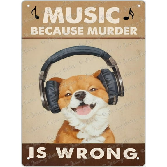 Music Because Murder Is Wrong Dog Funny Tin Sign,Vintage Sign Wall Art Painting Pub Bar Home Decor, Music Rock Lovers Gift, Coffee, Club, Man Cave Wall Decor 12x16 inches