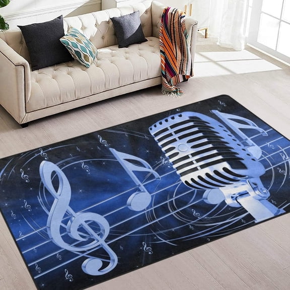 Music Musical Area Rug, Washable Non-slip Music Lover Carpet Comfort Rug Large Rug Microphone with Music Notes Polyester Area Rug Mat for Living Dining Dorm Room Bedroom Home Decorative