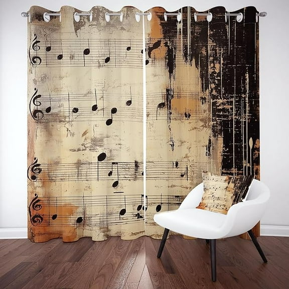 Music Musical Notes Blackout Curtains For Bedroom, Clef Sheet Grommet Curtain, Vintage Graffiti Drapes Thermal Insulated For Living Room 42"W x 96"L (Pack of 2)